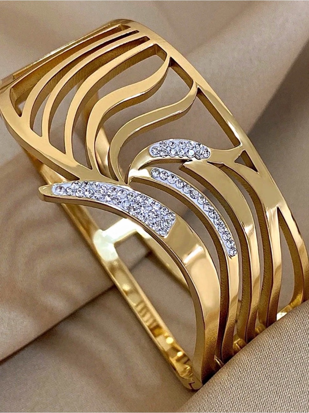 Gold-Tone Wave Cuff Bracelet with Crystal Accents